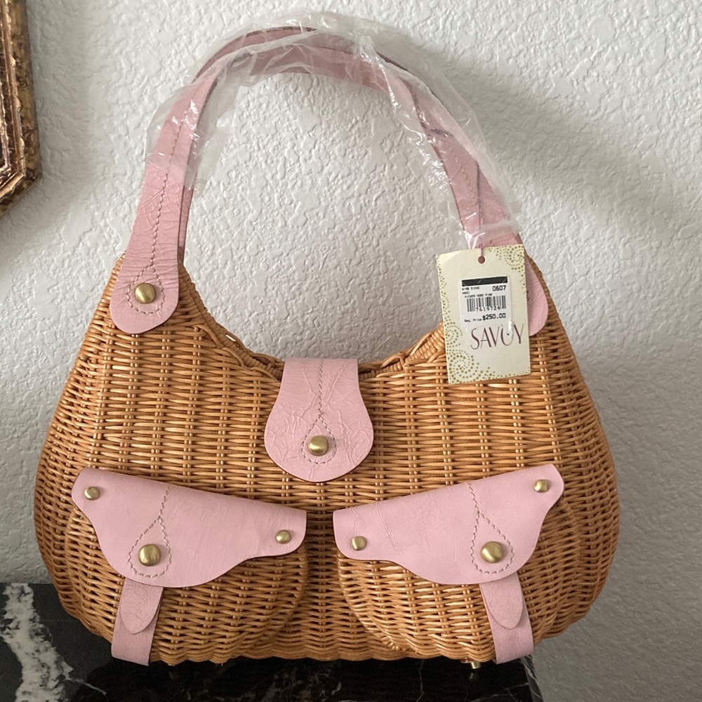 Savvy Tan Woven Shoulder Bag with Pink Accents